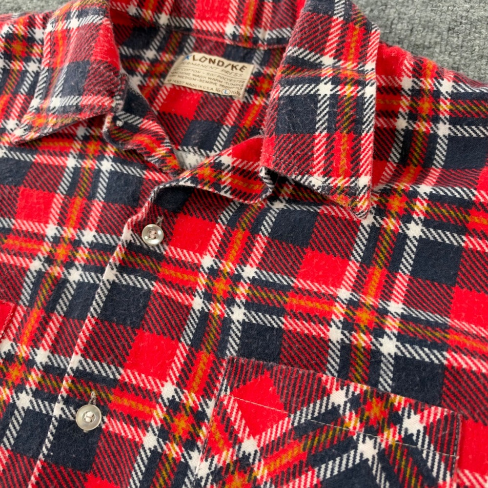 Klondike Plaid Shirt Mens L Button Up Cotton Blend Classic Red Black Vintage 70s